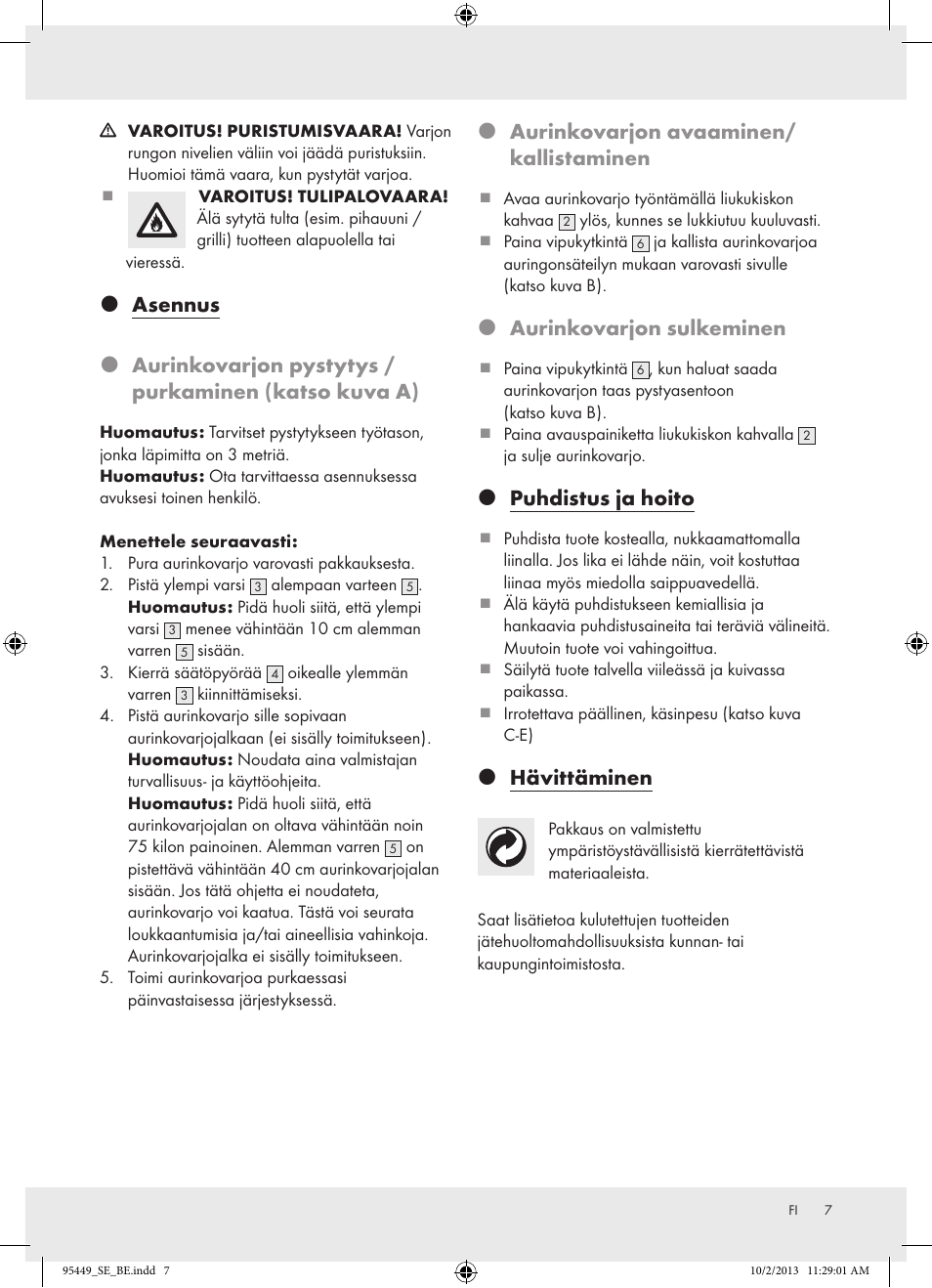 Aurinkovarjon avaaminen/ kallistaminen, Aurinkovarjon sulkeminen, Puhdistus ja hoito | Hävittäminen | Florabest Z31806A/ Z31806B/ Z31806C User Manual | Page 7 / 27