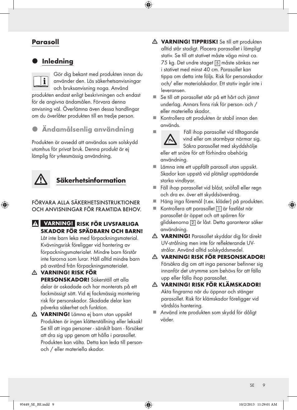 Parasoll  inledning, Ändamålsenlig användning, Säkerhetsinformation | Florabest Z31806A/ Z31806B/ Z31806C User Manual | Page 9 / 27