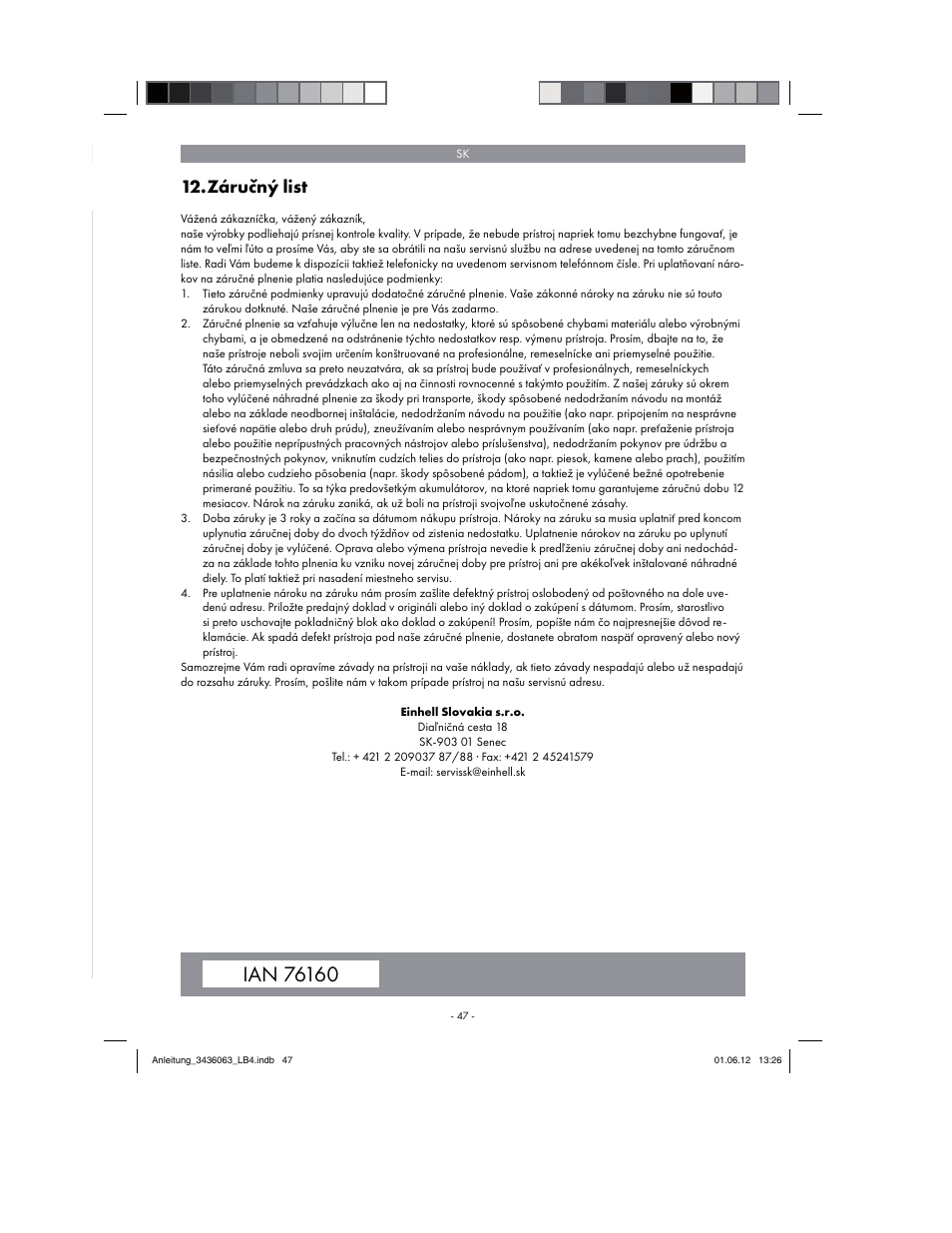 Záručný list | Florabest FBLB 33 A1 User Manual | Page 47 / 62