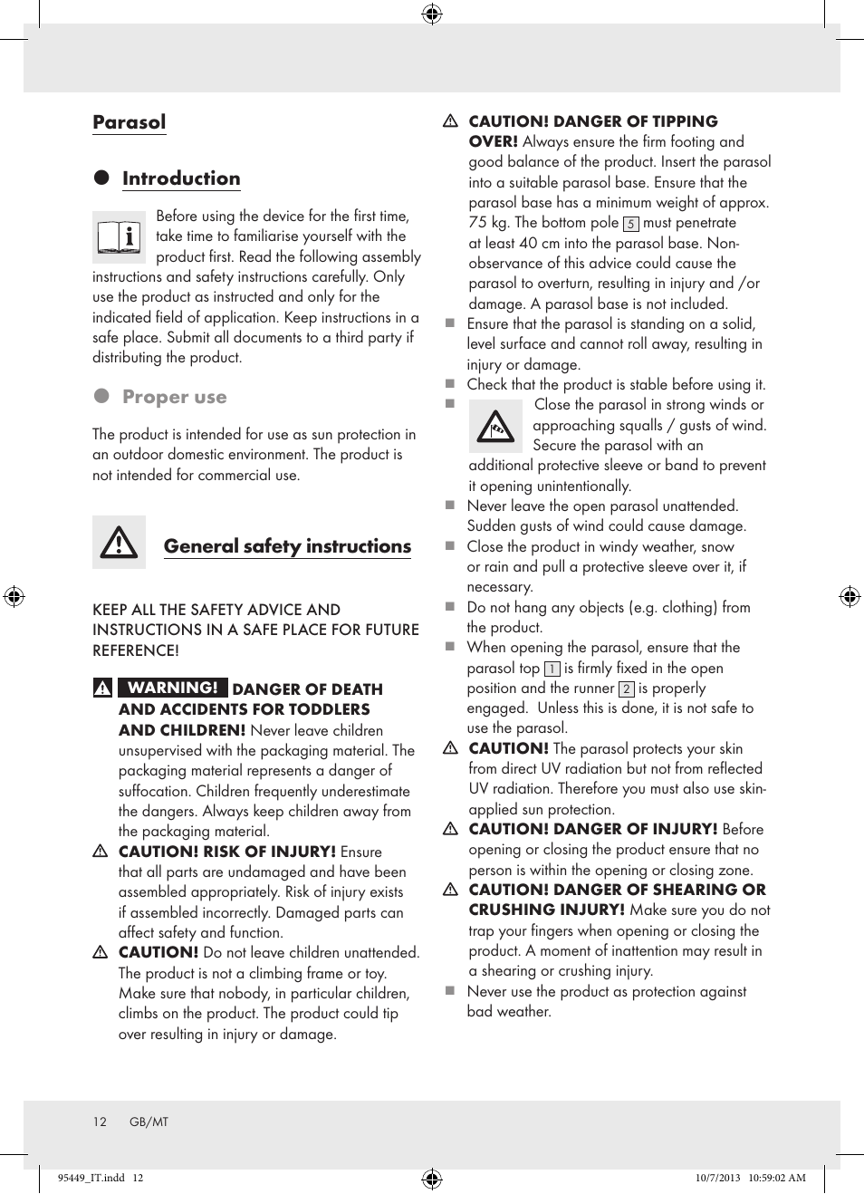 Parasol  introduction, Proper use, General safety instructions | Florabest Z31806A/ Z31806B/ Z31806C User Manual | Page 12 / 21
