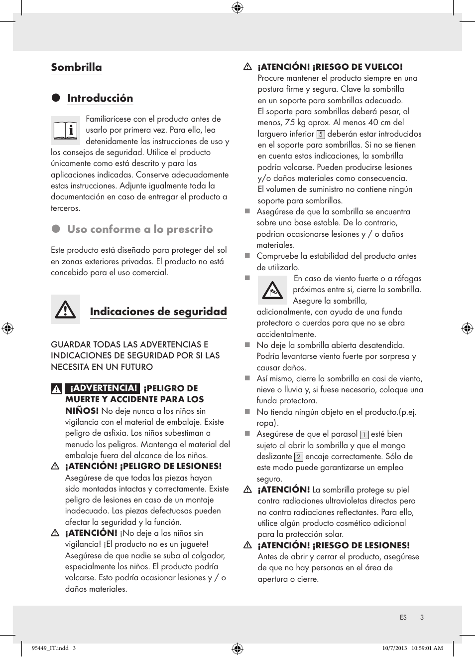 Sombrilla  introducción, Uso conforme a lo prescrito, Indicaciones de seguridad | Florabest Z31806A/ Z31806B/ Z31806C User Manual | Page 3 / 21