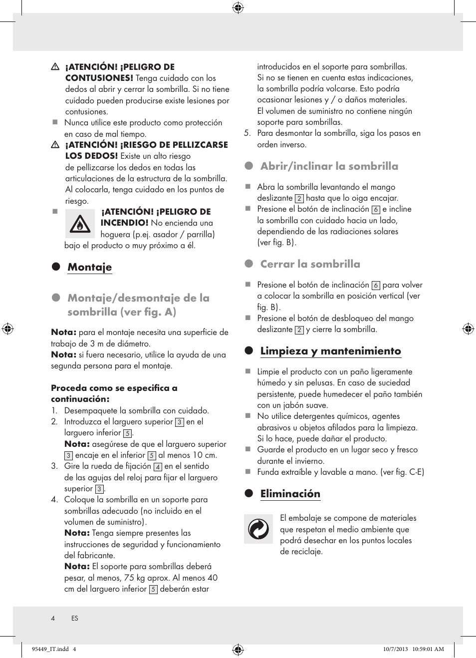 Abrir/inclinar la sombrilla, Cerrar la sombrilla, Limpieza y mantenimiento | Eliminación | Florabest Z31806A/ Z31806B/ Z31806C User Manual | Page 4 / 21