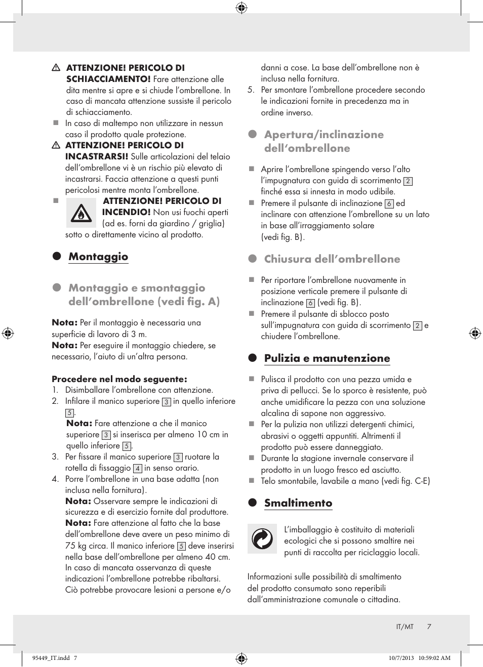 Apertura/inclinazione dell‘ombrellone, Chiusura dell’ombrellone, Pulizia e manutenzione | Smaltimento | Florabest Z31806A/ Z31806B/ Z31806C User Manual | Page 7 / 21