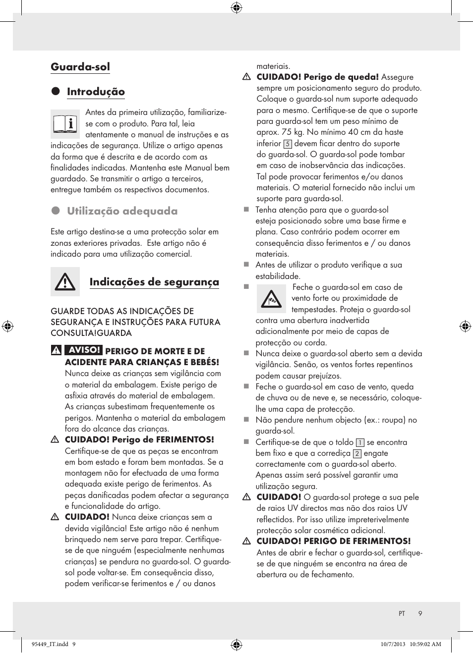 Guarda-sol  introdução, Utilização adequada, Indicações de segurança | Florabest Z31806A/ Z31806B/ Z31806C User Manual | Page 9 / 21