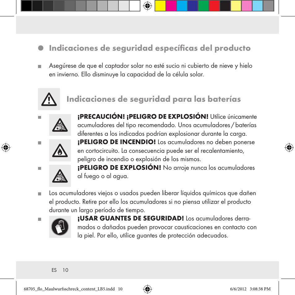 Indicaciones de seguridad específicas del producto, Indicaciones de seguridad para las baterías | Florabest Z31049 User Manual | Page 10 / 47