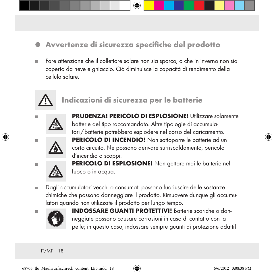 Avvertenze di sicurezza specifiche del prodotto, Indicazioni di sicurezza per le batterie | Florabest Z31049 User Manual | Page 18 / 47