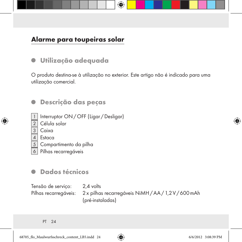 Alarme para toupeiras solar utilização adequada, Descrição das peças, Dados técnicos | Florabest Z31049 User Manual | Page 24 / 47