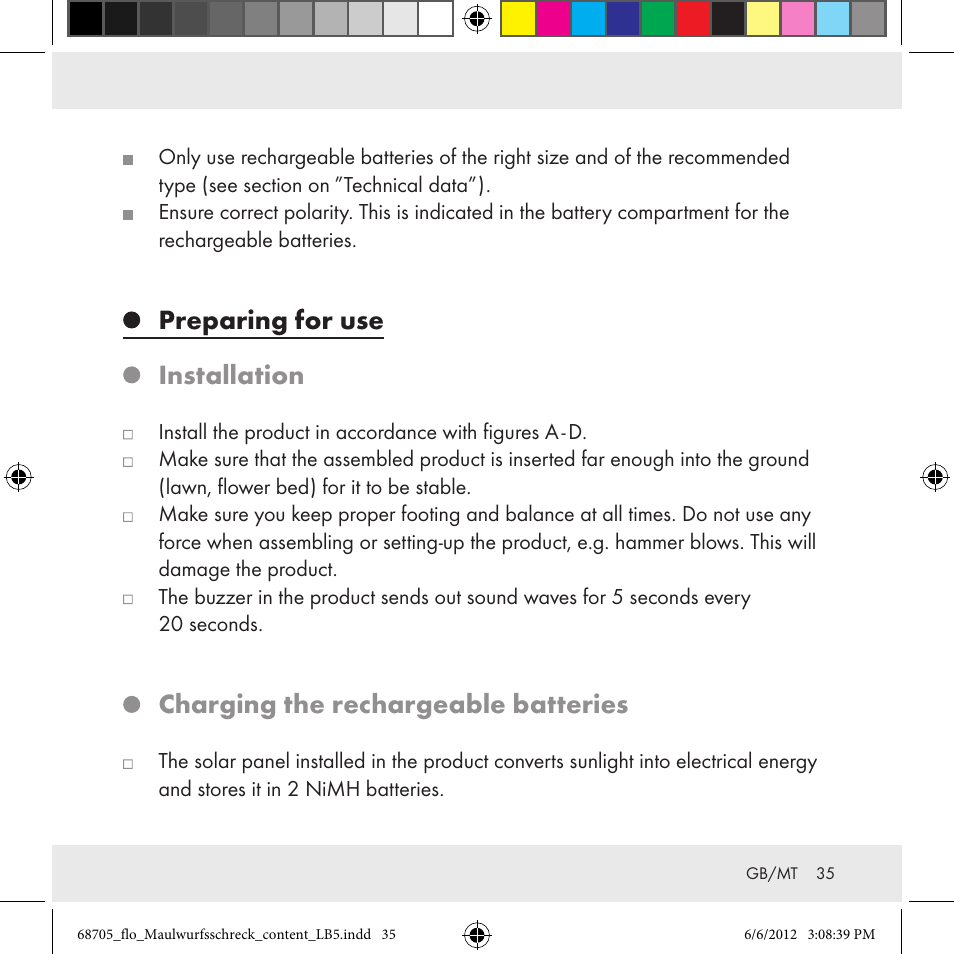 Preparing for use installation, Charging the rechargeable batteries | Florabest Z31049 User Manual | Page 35 / 47