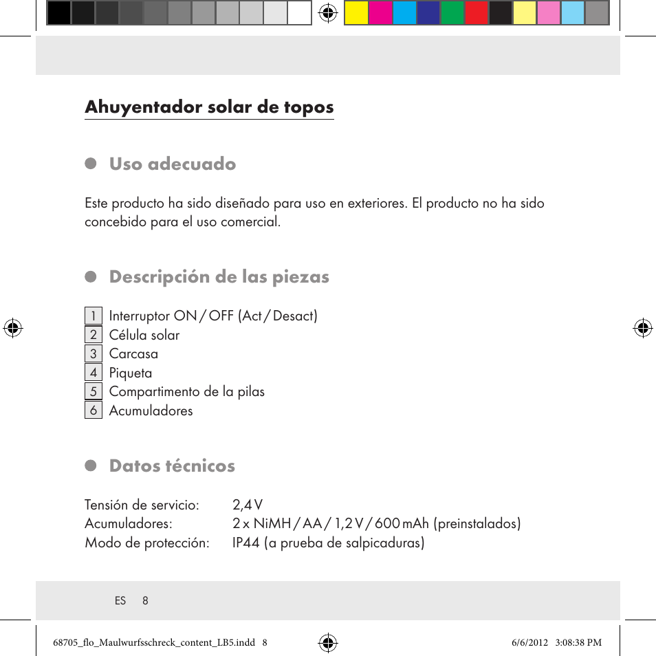 Ahuyentador solar de topos uso adecuado, Descripción de las piezas, Datos técnicos | Florabest Z31049 User Manual | Page 8 / 47