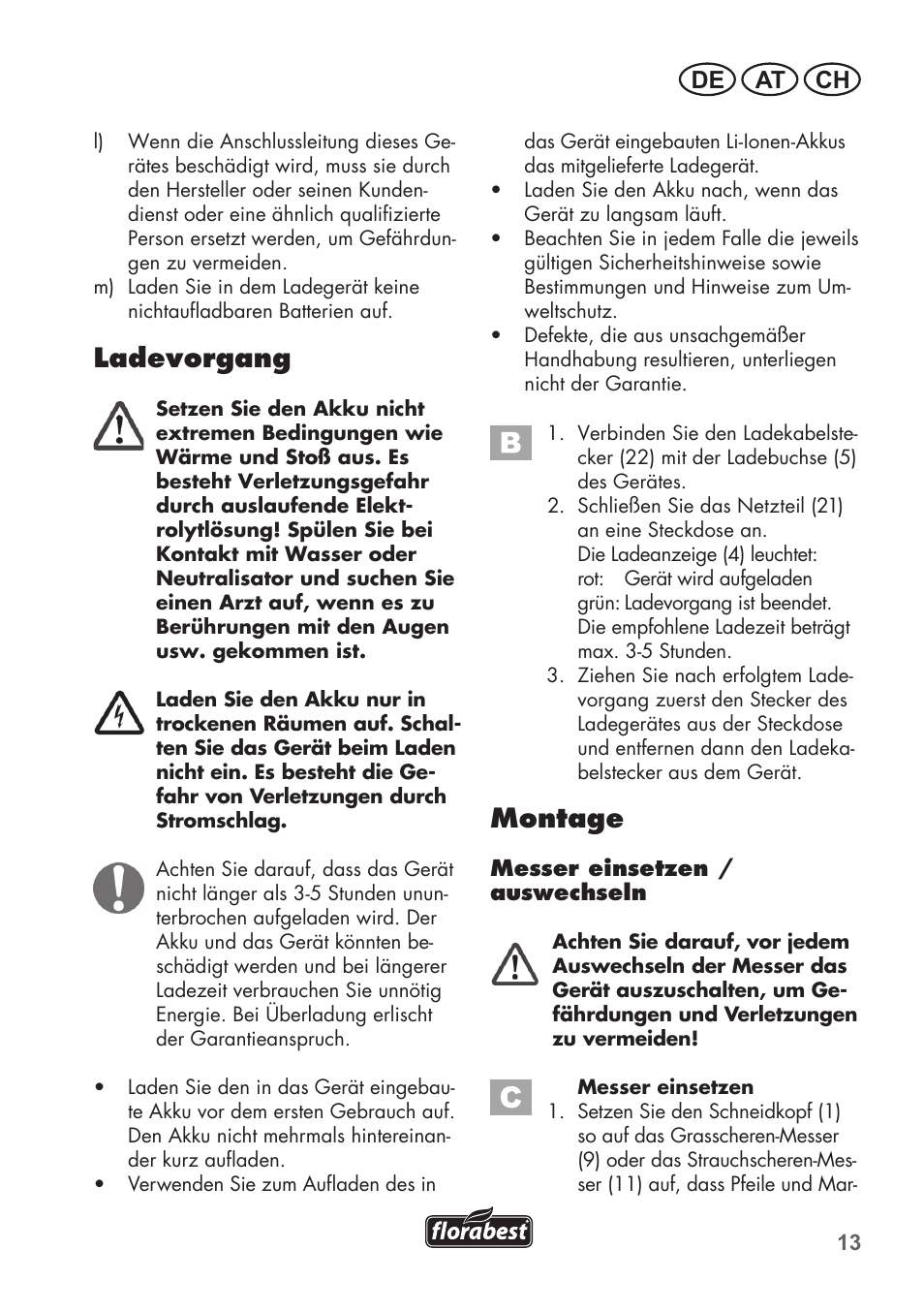 Ladevorgang, Montage, De at ch | Florabest FGS 72 A1 User Manual | Page 13 / 72