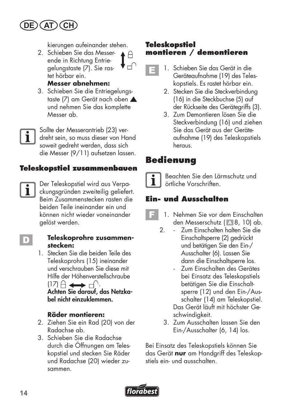 Bedienung, De at ch | Florabest FGS 72 A1 User Manual | Page 14 / 72