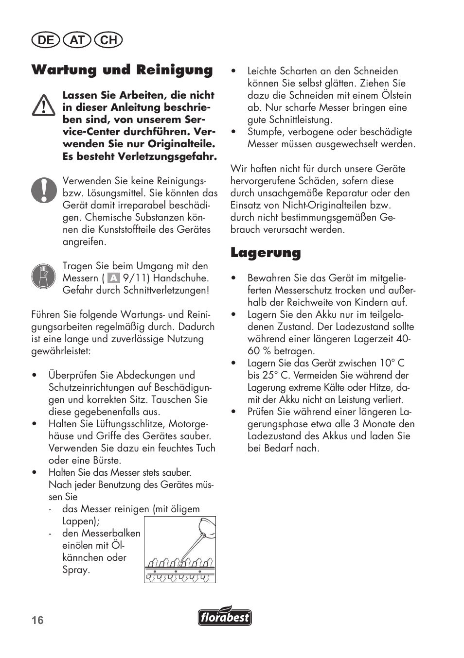 Wartung und reinigung, Lagerung, De at ch | Florabest FGS 72 A1 User Manual | Page 16 / 72