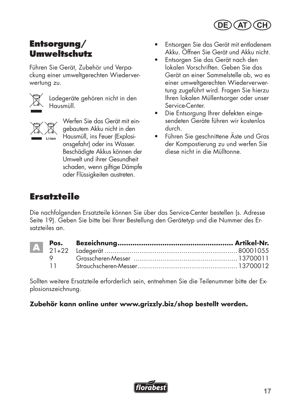 Ersatzteile, Entsorgung/ umweltschutz, De at ch | Florabest FGS 72 A1 User Manual | Page 17 / 72