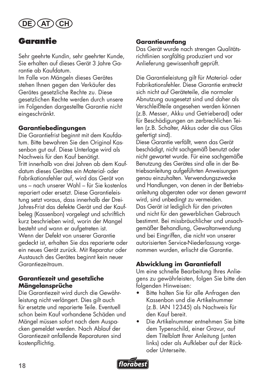 Garantie, De at ch | Florabest FGS 72 A1 User Manual | Page 18 / 72