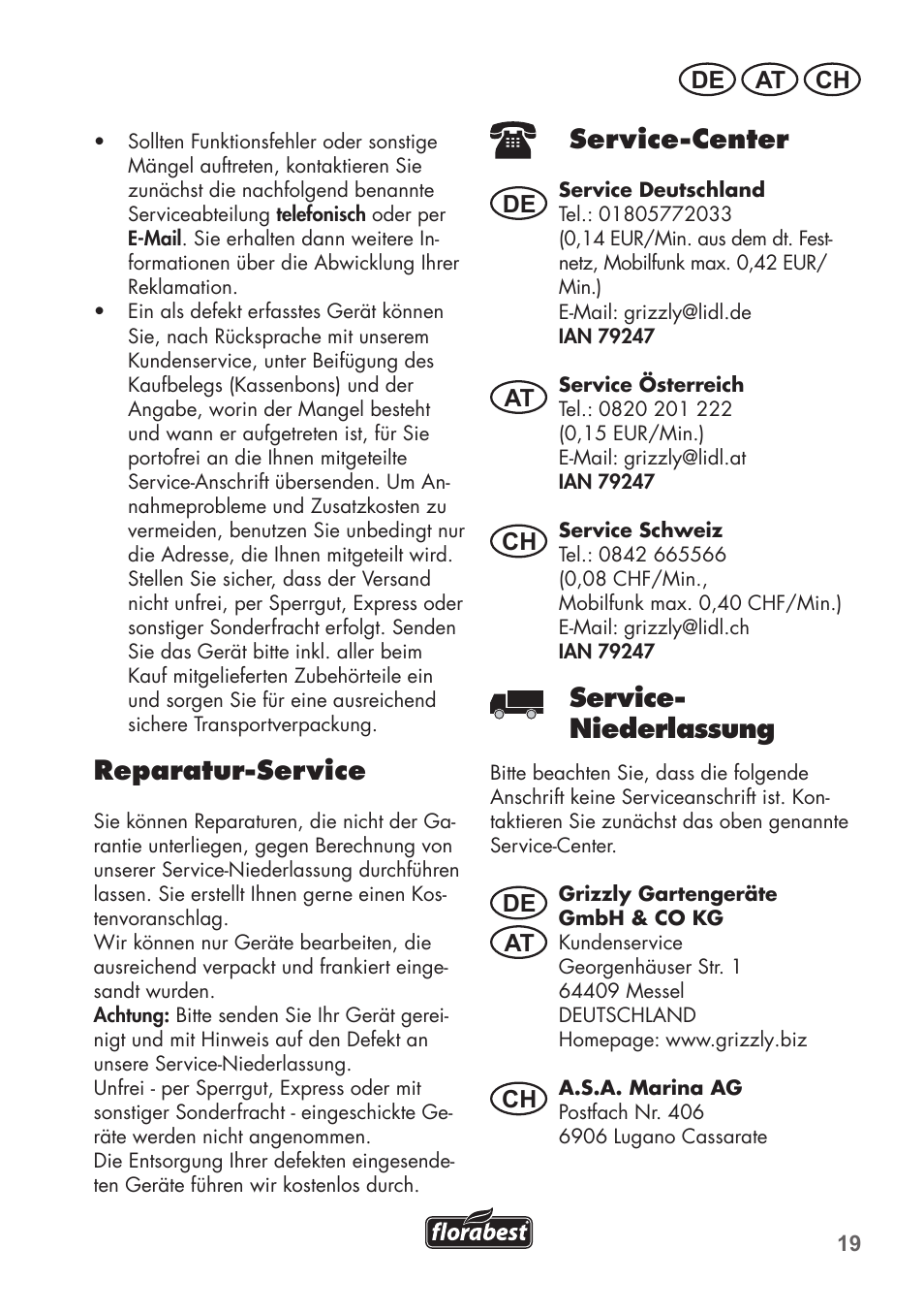 Reparatur-service, Service-center, Service- niederlassung | De at at ch ch, De at ch | Florabest FGS 72 A1 User Manual | Page 19 / 72