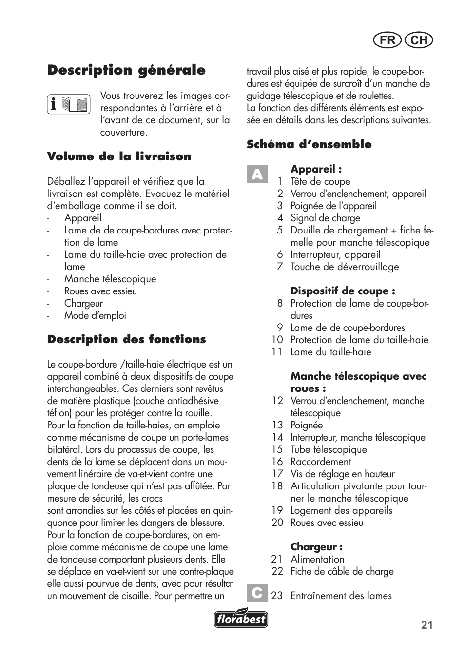 Description générale, Fr ch | Florabest FGS 72 A1 User Manual | Page 21 / 72