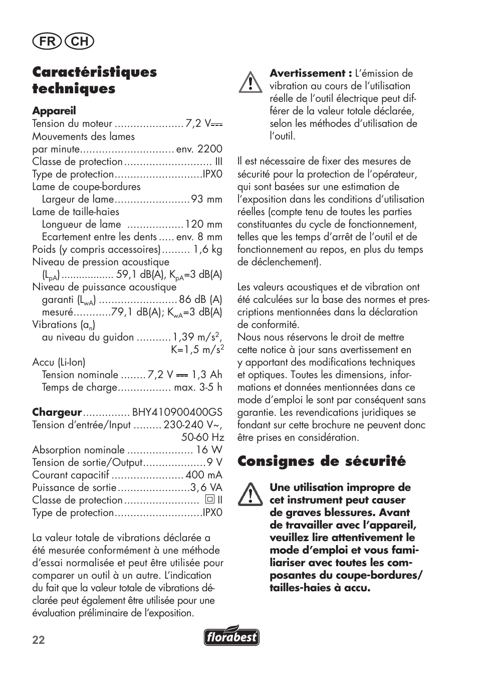 Caractéristiques techniques, Consignes de sécurité, Fr ch | Florabest FGS 72 A1 User Manual | Page 22 / 72