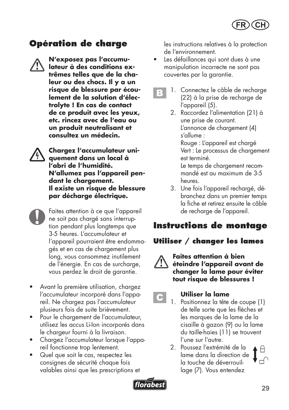 Opération de charge, Instructions de montage, Fr ch | Florabest FGS 72 A1 User Manual | Page 29 / 72