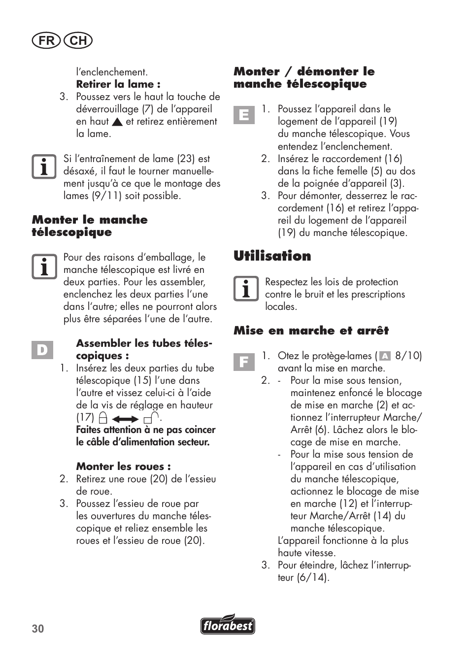 Utilisation, Fr ch | Florabest FGS 72 A1 User Manual | Page 30 / 72