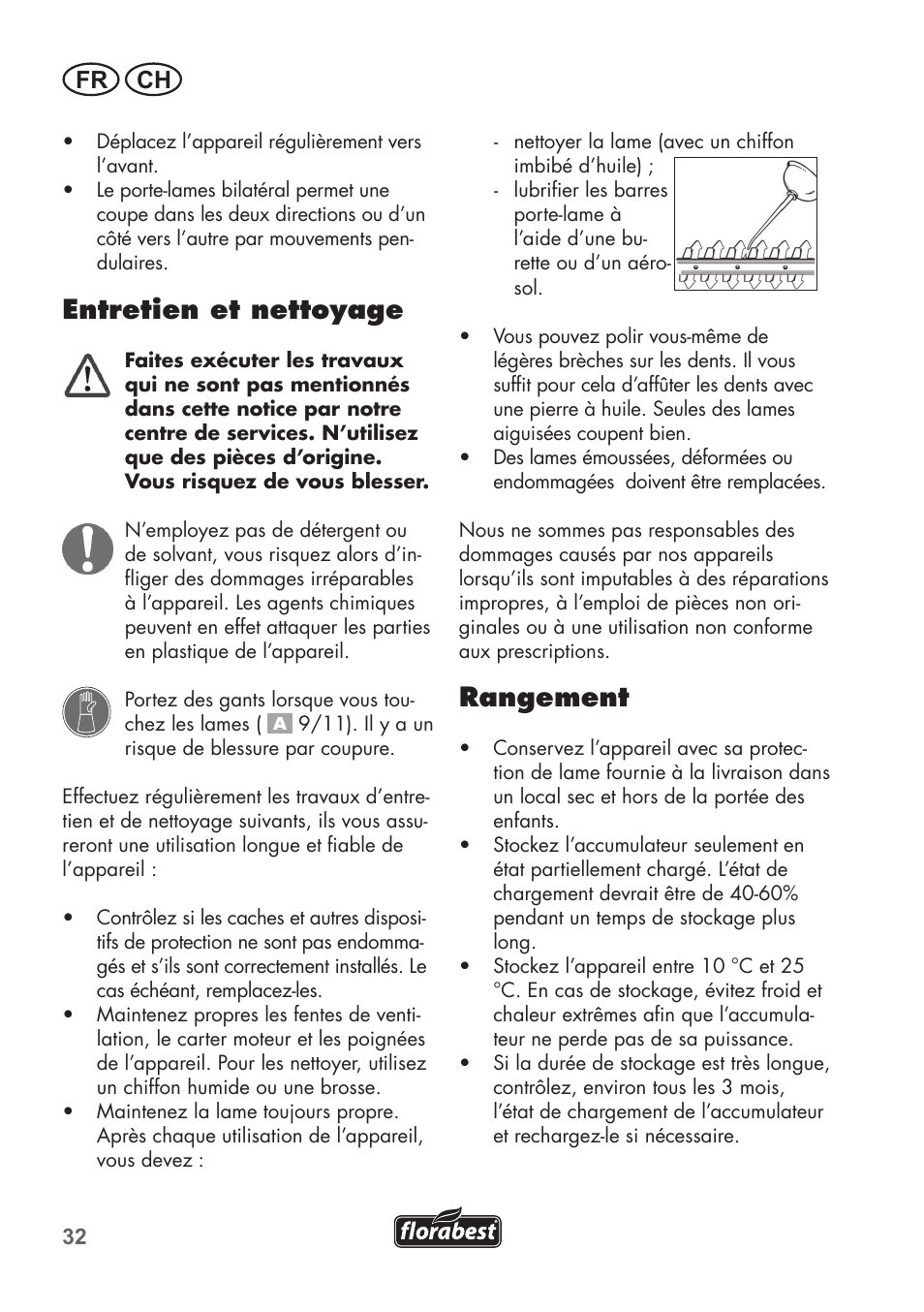 Entretien et nettoyage, Rangement, Fr ch | Florabest FGS 72 A1 User Manual | Page 32 / 72