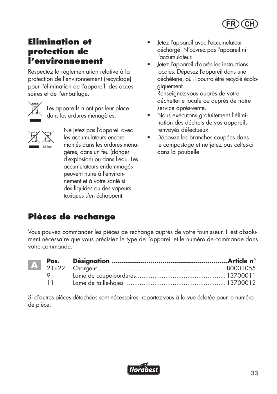 Elimination et protection de l’environnement, Pièces de rechange, Fr ch | Florabest FGS 72 A1 User Manual | Page 33 / 72