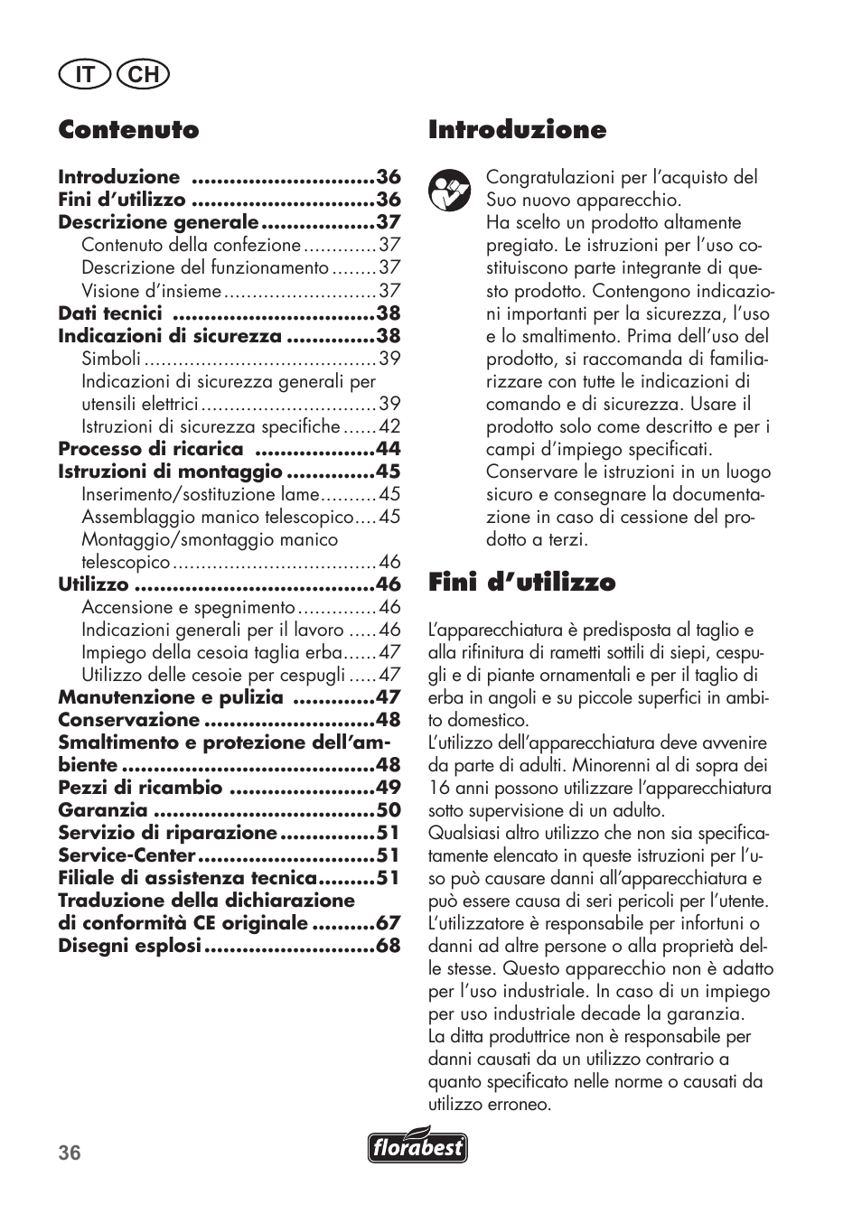 Introduzione, Fini d’utilizzo, Contenuto | It ch | Florabest FGS 72 A1 User Manual | Page 36 / 72