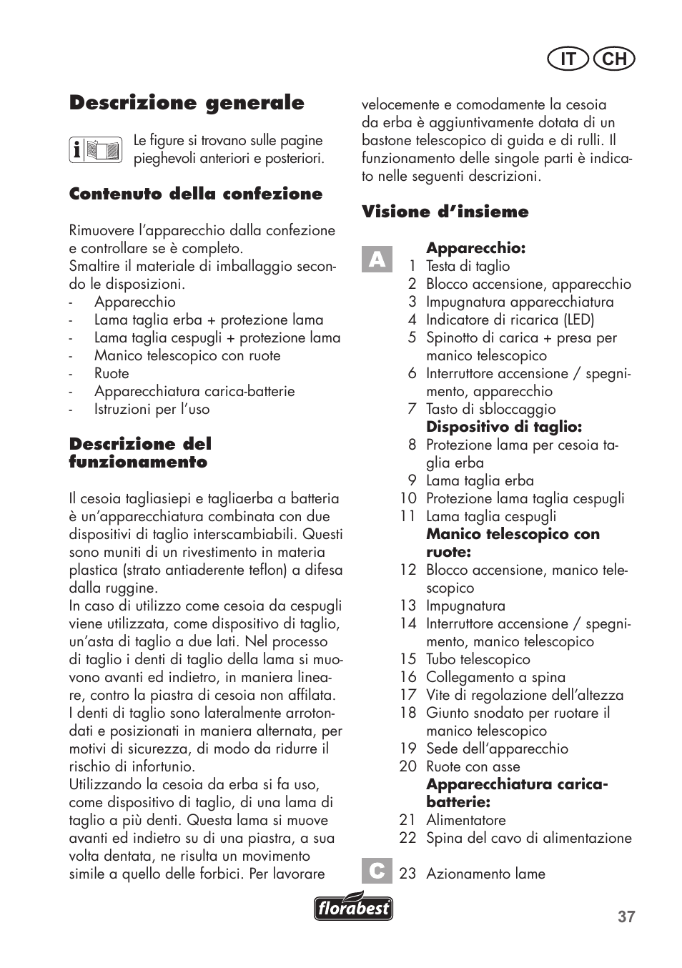 Descrizione generale, It ch | Florabest FGS 72 A1 User Manual | Page 37 / 72