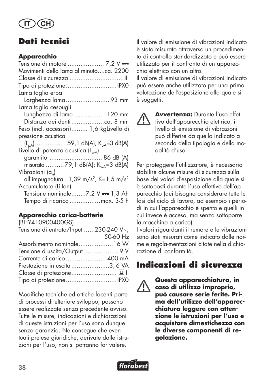 Dati tecnici, Indicazioni di sicurezza, It ch | Florabest FGS 72 A1 User Manual | Page 38 / 72