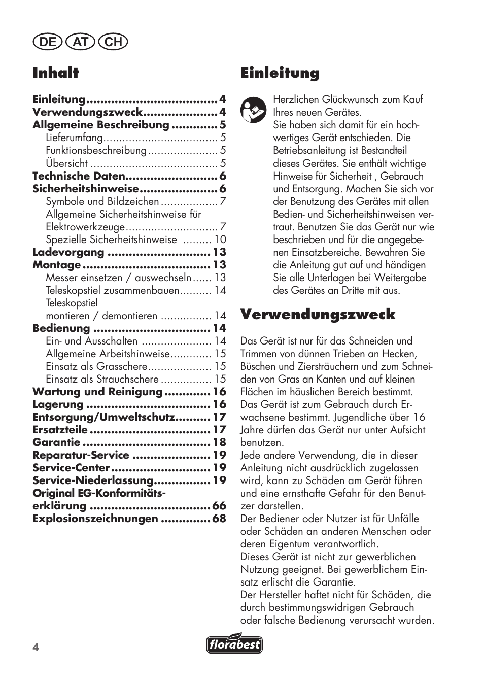 Einleitung, Verwendungszweck, Inhalt | De at ch | Florabest FGS 72 A1 User Manual | Page 4 / 72