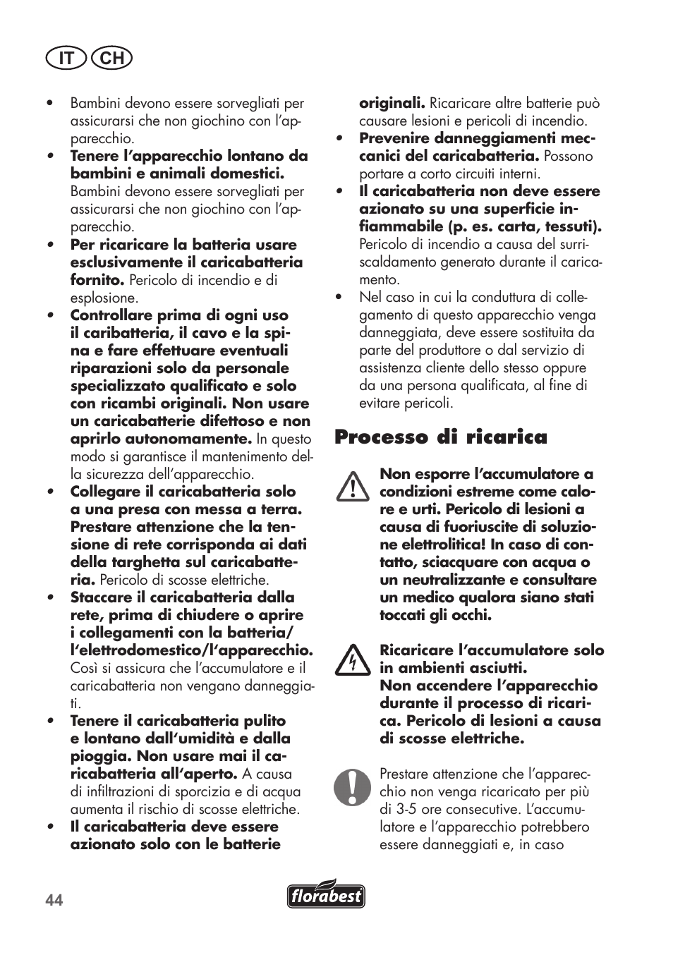 Processo di ricarica, It ch | Florabest FGS 72 A1 User Manual | Page 44 / 72