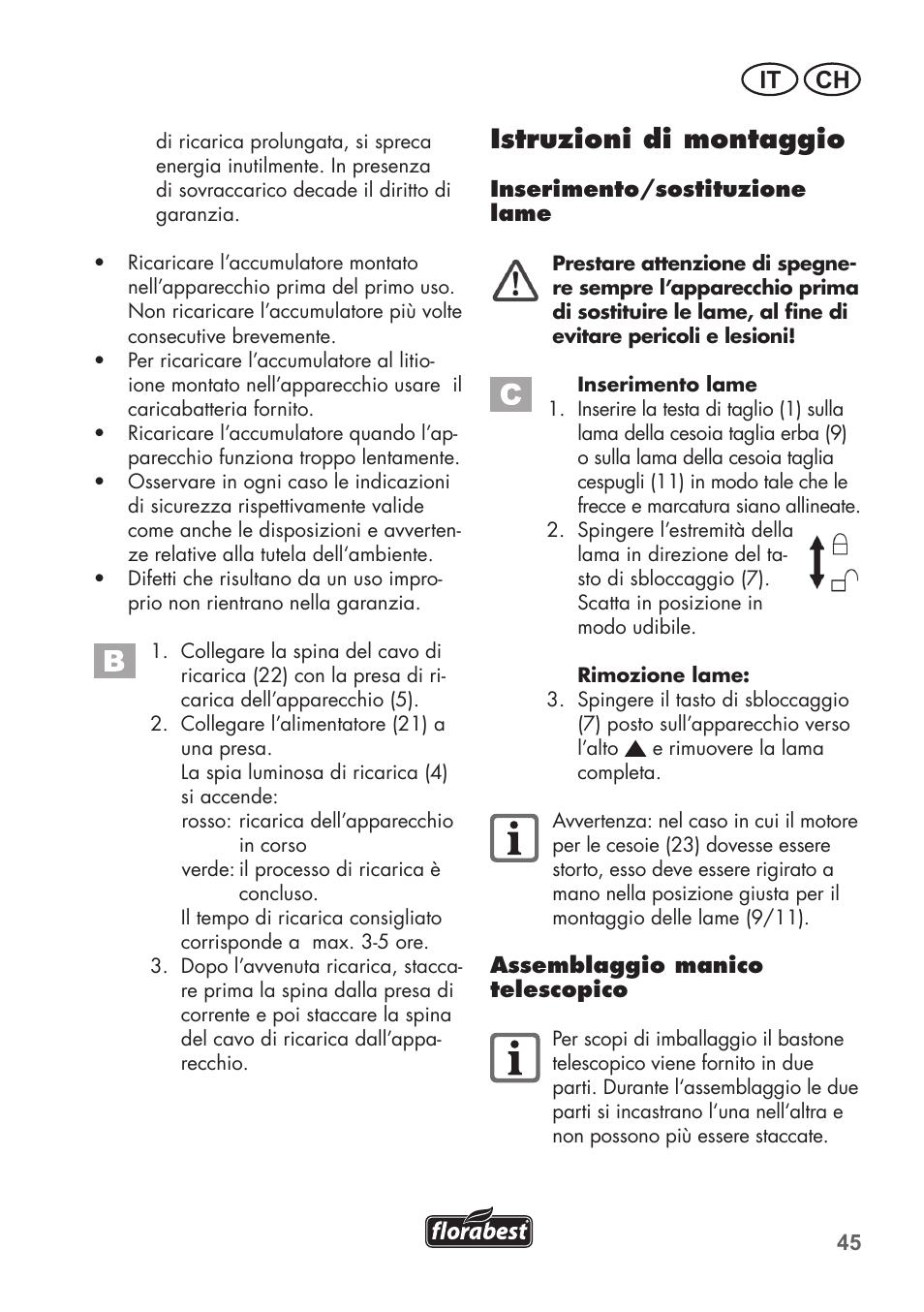 Istruzioni di montaggio, It ch | Florabest FGS 72 A1 User Manual | Page 45 / 72