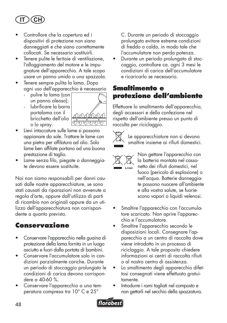 Conservazione, Smaltimento e protezione dell’ambiente, It ch | Florabest FGS 72 A1 User Manual | Page 48 / 72