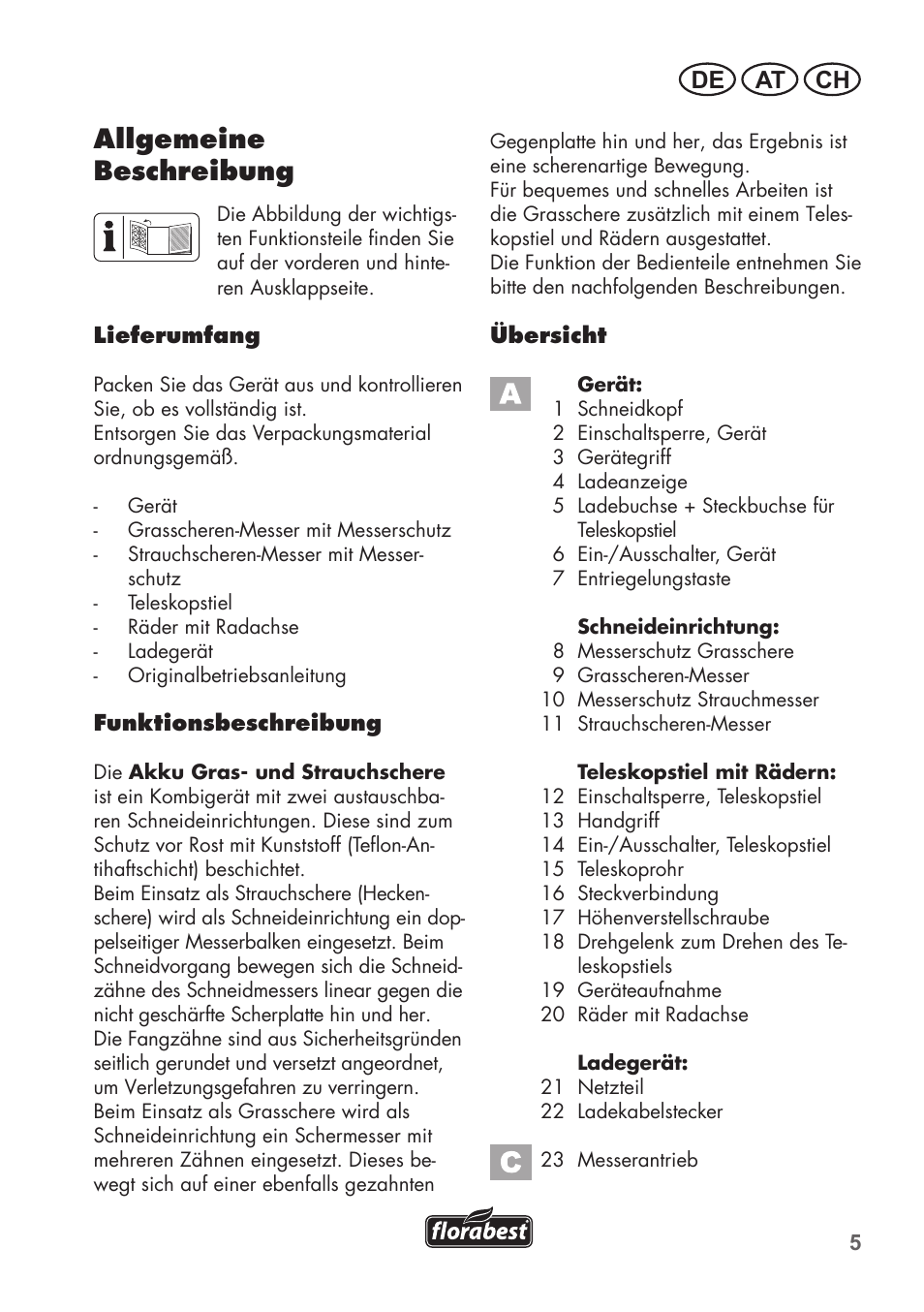 Allgemeine beschreibung, De at ch | Florabest FGS 72 A1 User Manual | Page 5 / 72