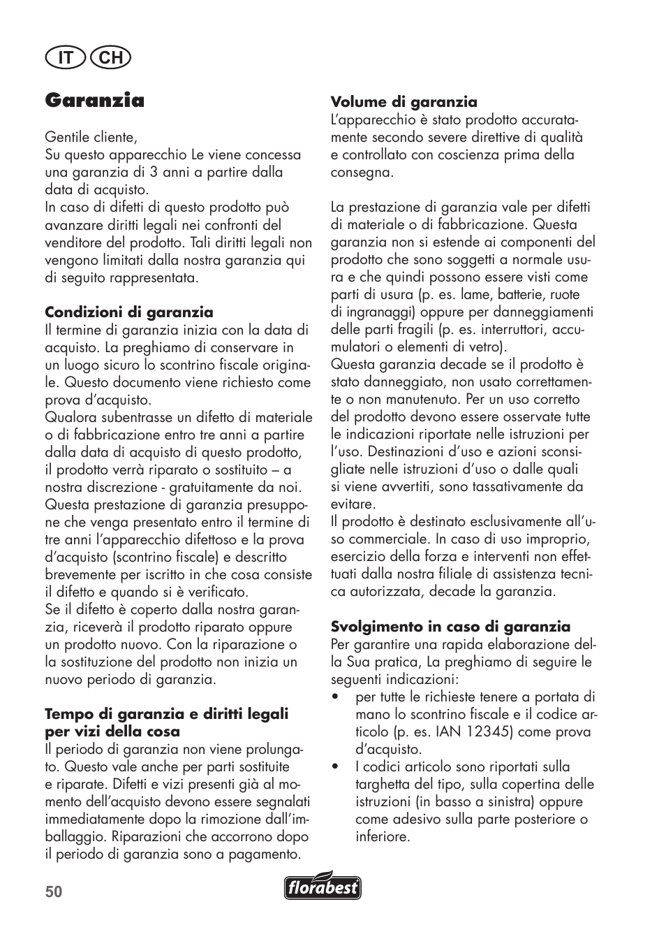 Garanzia, It ch | Florabest FGS 72 A1 User Manual | Page 50 / 72