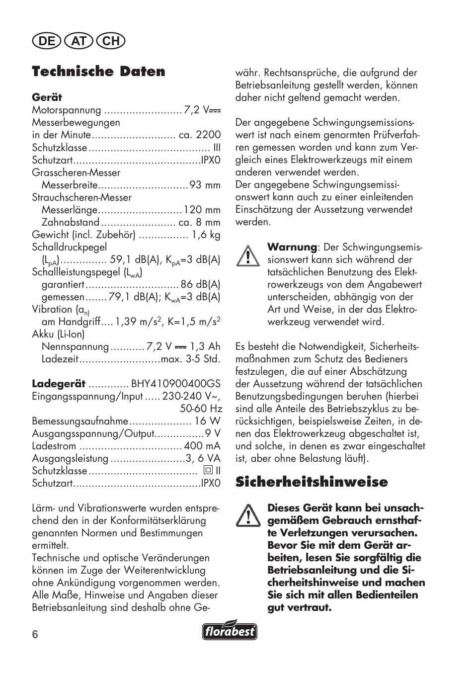 Technische daten, Sicherheitshinweise, De at ch | Florabest FGS 72 A1 User Manual | Page 6 / 72