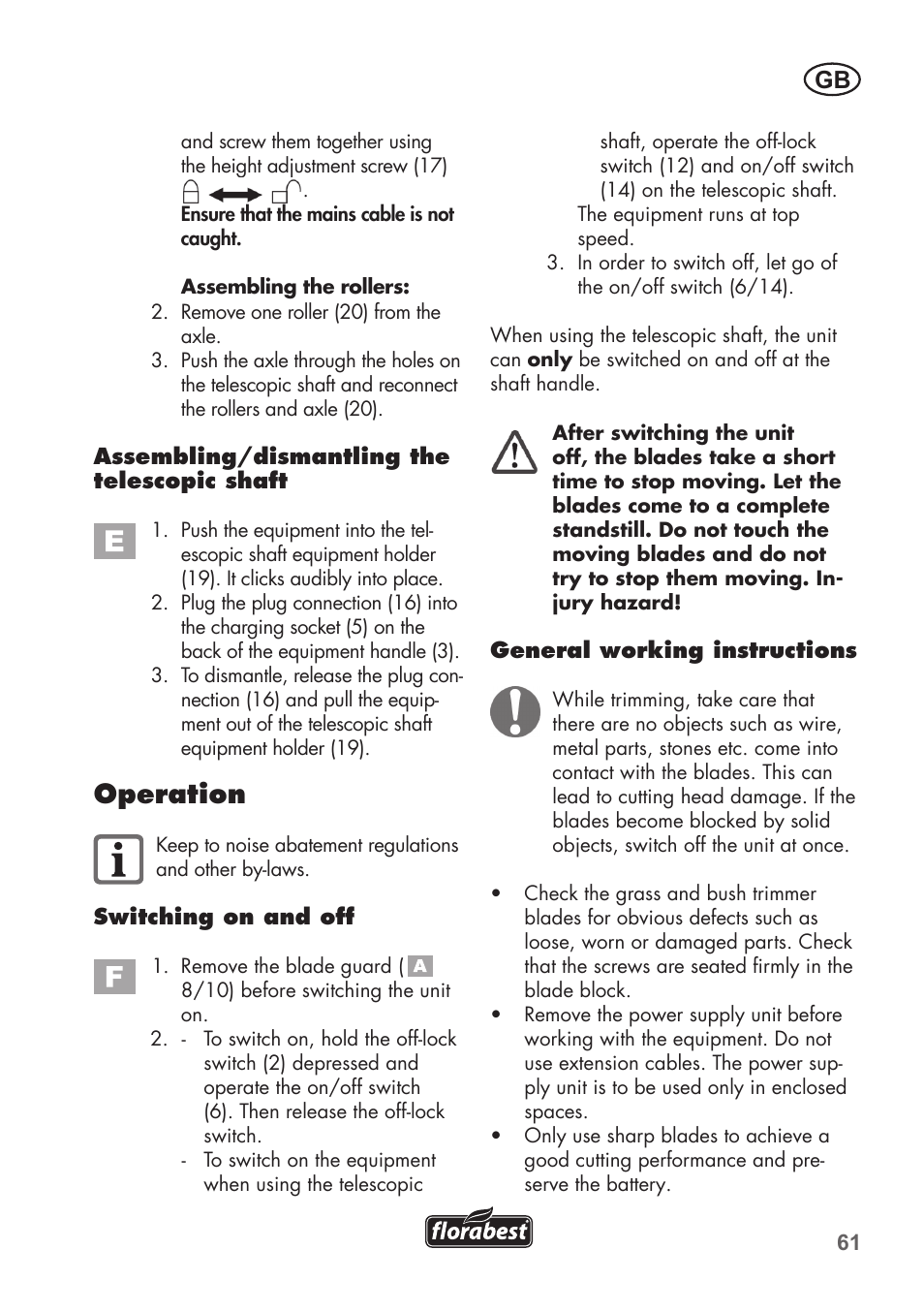 Operation | Florabest FGS 72 A1 User Manual | Page 61 / 72