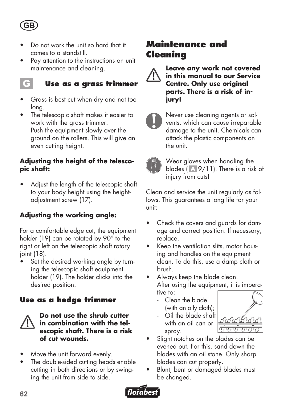 Maintenance and cleaning | Florabest FGS 72 A1 User Manual | Page 62 / 72