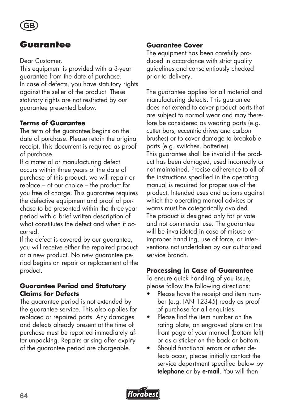 Guarantee | Florabest FGS 72 A1 User Manual | Page 64 / 72