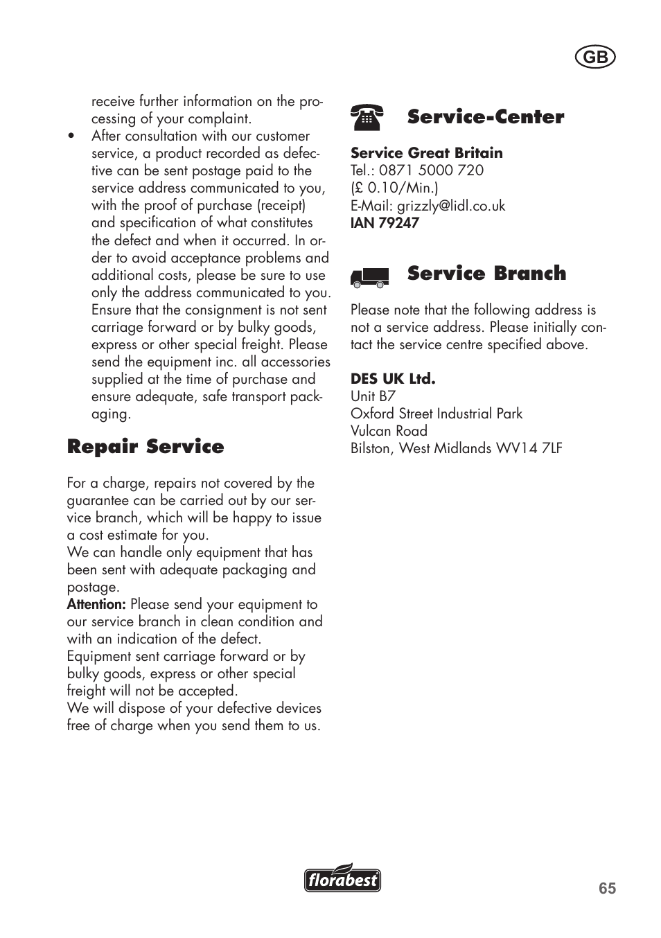 Repair service, Service-center, Service branch | Florabest FGS 72 A1 User Manual | Page 65 / 72