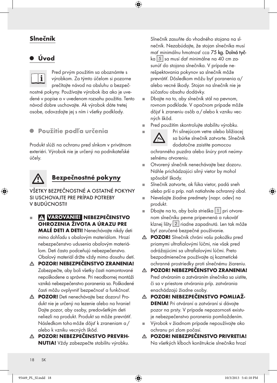 Slnečník, Úvod, Použitie podľa určenia | Bezpečnostné pokyny | Florabest Z31806A/ Z31806B/ Z31806C User Manual | Page 18 / 27