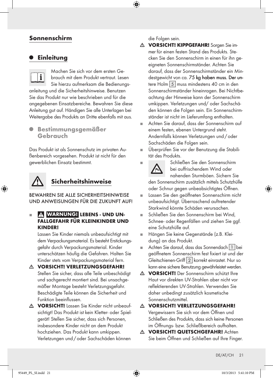 Sonnenschirm, Einleitung, Bestimmungsgemäßer gebrauch | Sicherheitshinweise | Florabest Z31806A/ Z31806B/ Z31806C User Manual | Page 21 / 27