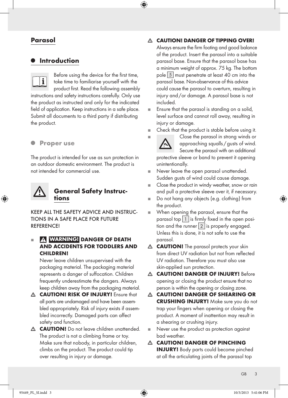 Parasol, Introduction, Proper use | General safety instruc� tions | Florabest Z31806A/ Z31806B/ Z31806C User Manual | Page 3 / 27