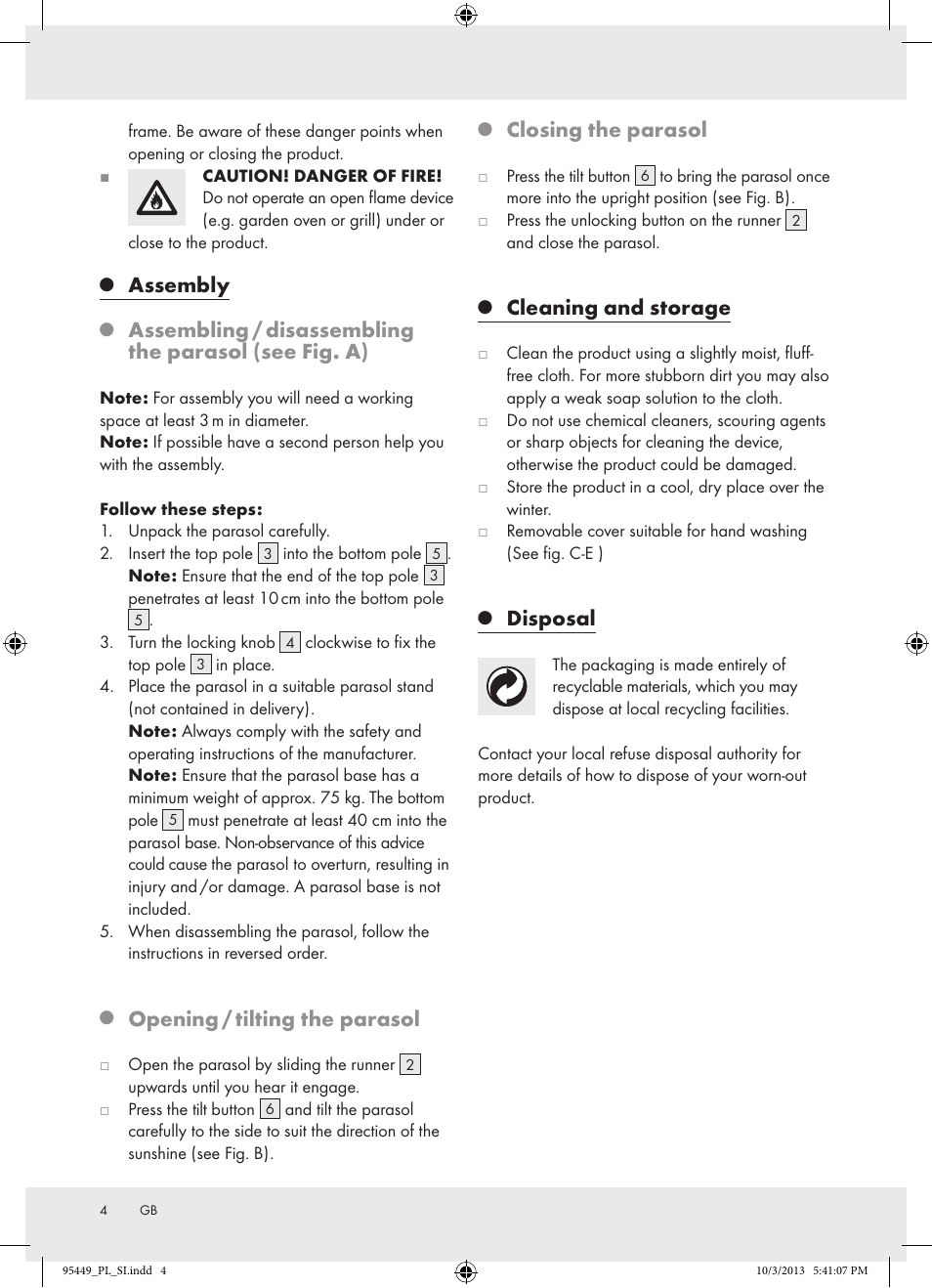 Assembly, Opening / tilting the parasol, Closing the parasol | Cleaning and storage, Disposal | Florabest Z31806A/ Z31806B/ Z31806C User Manual | Page 4 / 27
