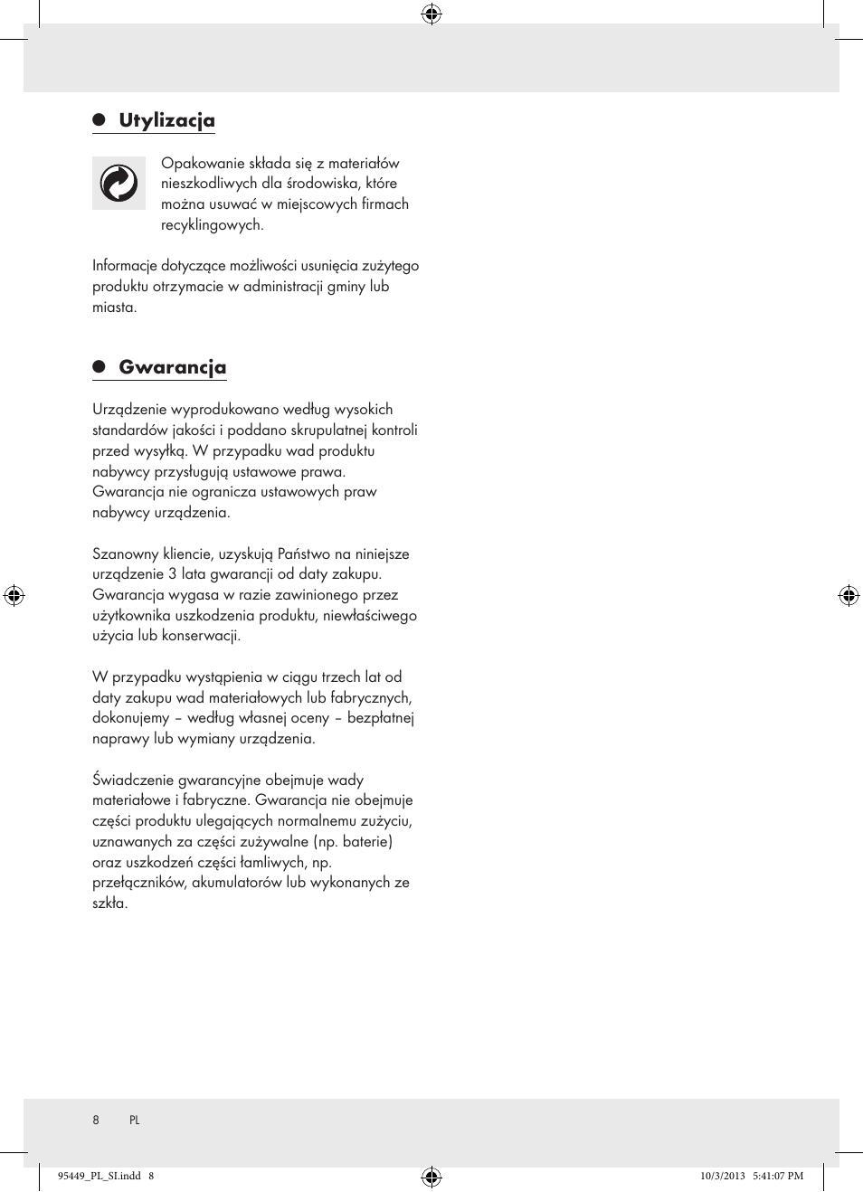 Utylizacja, Gwarancja | Florabest Z31806A/ Z31806B/ Z31806C User Manual | Page 8 / 27