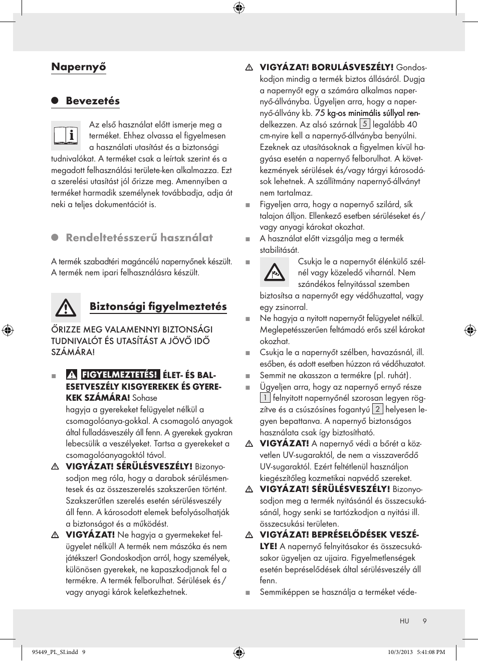 Napernyő, Bevezetés, Rendeltetésszerű használat | Biztonsági figyelmeztetés | Florabest Z31806A/ Z31806B/ Z31806C User Manual | Page 9 / 27