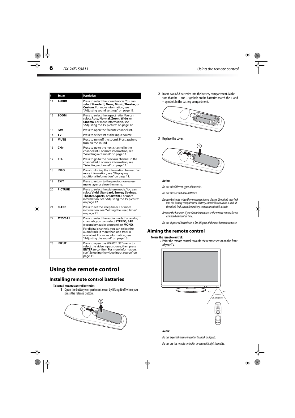 Using the remote control, Installing remote control batteries, Aiming the remote control | Dynex DX-24E150A11 User Manual | Page 10 / 35