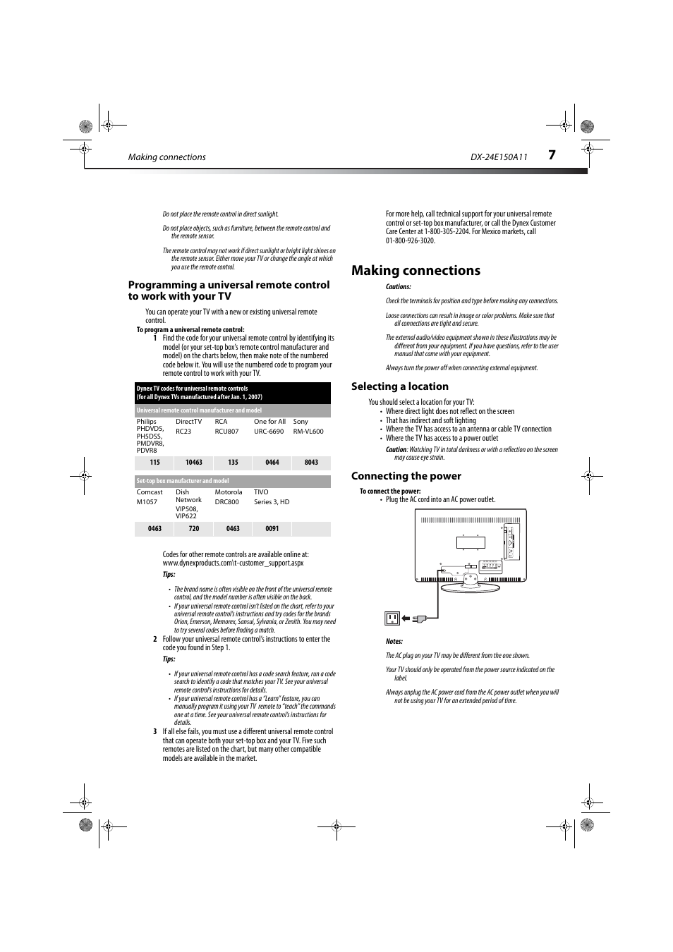 Making connections, Selecting a location, Connecting the power | Selecting a location connecting the power | Dynex DX-24E150A11 User Manual | Page 11 / 35
