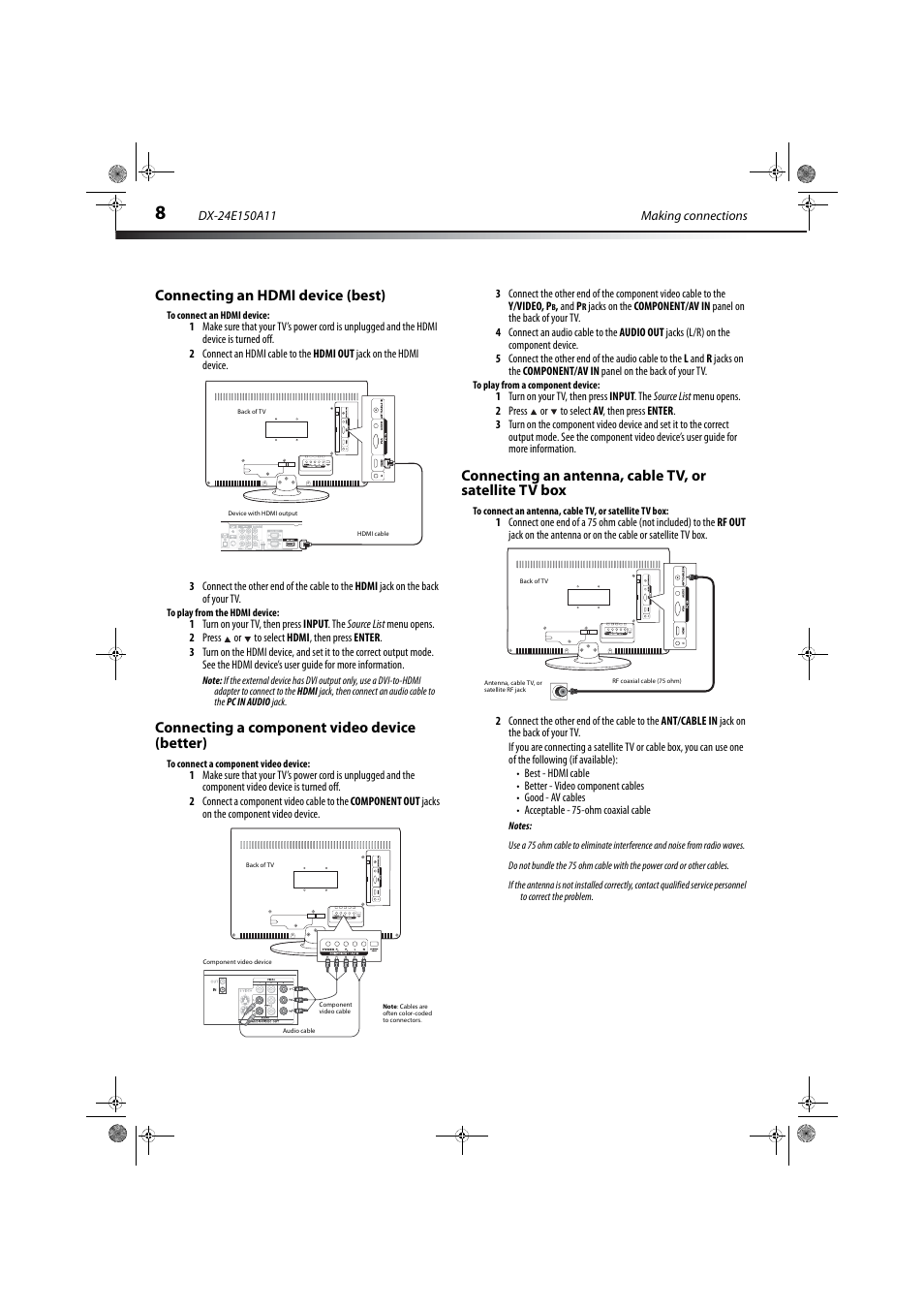 Connecting an hdmi device (best), Connecting a component video device (better), Connecting a component video device (better)” on | Dynex DX-24E150A11 User Manual | Page 12 / 35