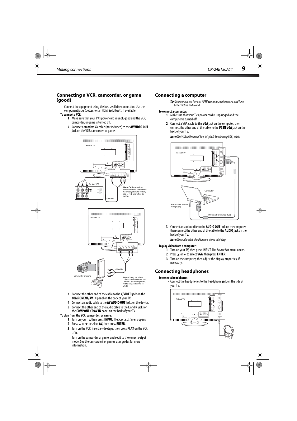 Connecting a vcr, camcorder, or game (good), Connecting a computer, Connecting headphones | Dynex DX-24E150A11 User Manual | Page 13 / 35