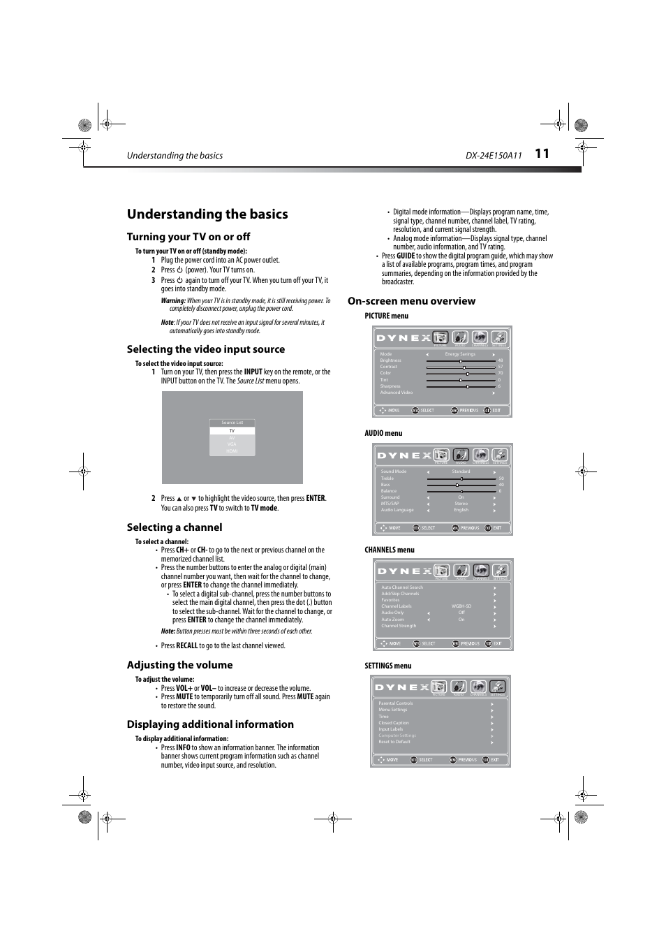 Understanding the basics, Turning your tv on or off, Selecting the video input source | Selecting a channel, Adjusting the volume, Displaying additional information, On-screen menu overview, See “turning your tv on or off, See “turning your tv on or off“ on, E “selecting a channel” on | Dynex DX-24E150A11 User Manual | Page 15 / 35